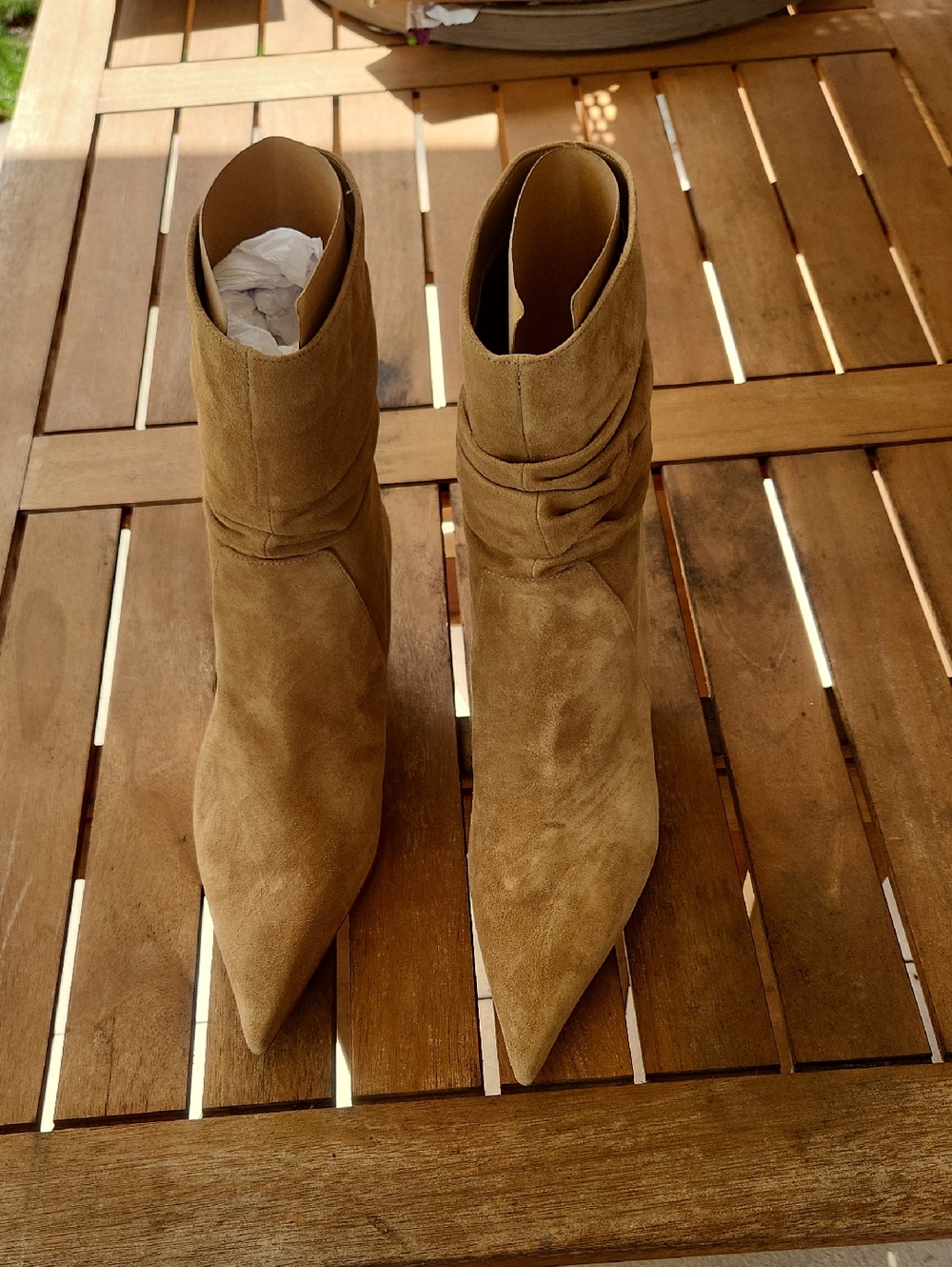 Micheal Kors Suede Pointed-Toe Ankle Boots in Tan